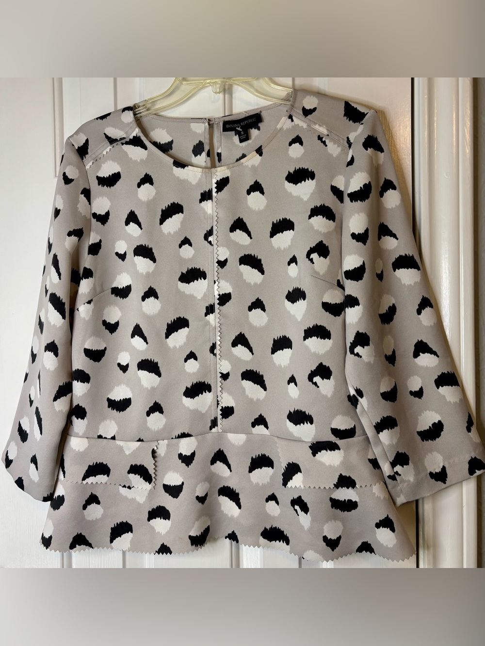Banana Republic Beige Black and White Dot Peplum Blouse with scalloped details